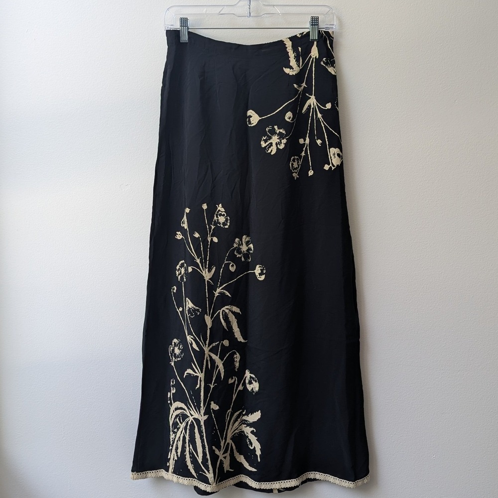 Vtg Maxi Skirt Black Ivory Floral Rayon Crochet Trim Sz M Cottagecore Boho